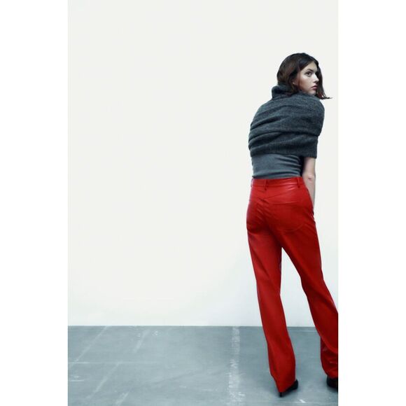 Red Zara Faux Leather High-Waisted Straight Leg Pants (NWT) - Picture 3 of 7